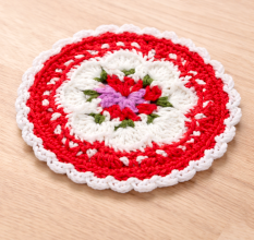 Red Floral Crochet Cotton Yarn Handcrafted Doily